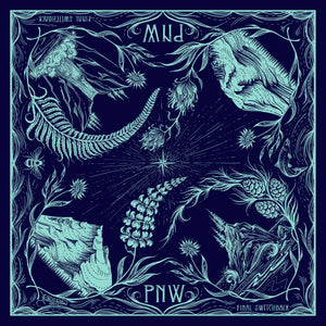 Decorative design with floral and nature elements on a dark blue background.