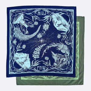 Navy blue and green bandanas with white designs and text on a white background.