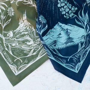 Two bandanas with nature-themed designs on a light background.