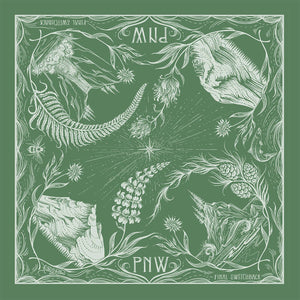 Decorative design with nature elements and 'PNW' text on a green background.