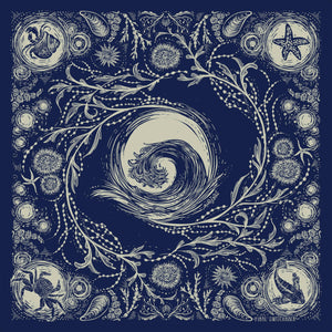 Decorative design with swirling pattern and botanical elements on a dark blue background.