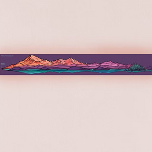 Colorful Mt. Baker and Twin Sisters mountain landscape design on a purple background with a visible brand logo.