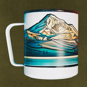Mug with Mount Hood infinity sticker design. The sticker wraps around the mug multiple times to create a layered landscape.