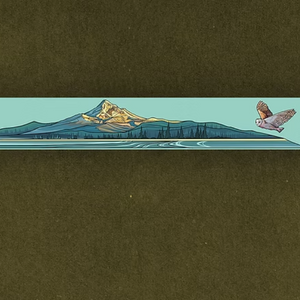 Sticker of Mount Hood and bird on a green background.