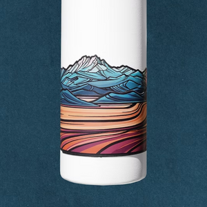 White water bottle with Olympic mountain design on a blue background. The sticker wraps around the bottle multiple times to create a layered landscape.