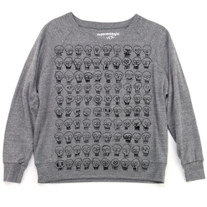 Gray sweatshirt with black skull pattern on a white background.