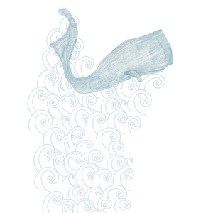 Blue whale illustration on a white background with wave patterns.