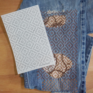 Stack of blue jeans with a Sashiko pattern on top.