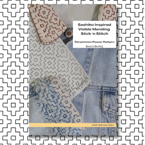 Pattern titled 'Sashiko Inspired Visible Mending Stick 'n Stitch' with fabric swatches on a white background.