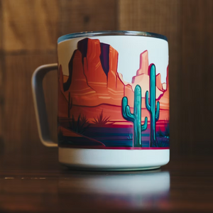 Mug with a desert landscape design infinity sticker.