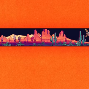 Desert landscape with cacti and mountains on a rectangular card with a visible brand logo.