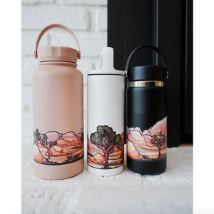 Three insulated water bottles with Joshua Tree landscape designs on a white surface.