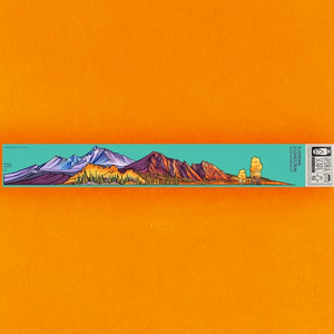 Colorful mountain landscape design on a turquoise strip with a black and white label against an orange background