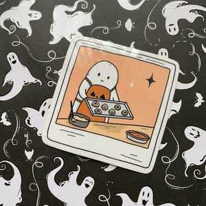 Illustration of a ghost baking cookies on a Halloween-themed background with ghosts.