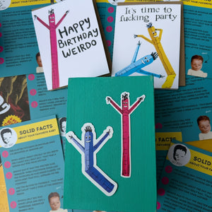 Collection of stickers and greeting cards with colorful air dancers.