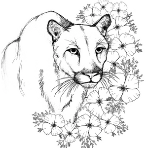 Black and white illustration of a mountain lion surrounded by flowers on a white background.