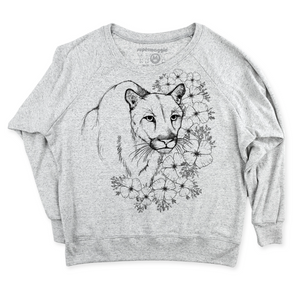 Gray sweatshirt with a black and white mountain lion and floral design on a white background.