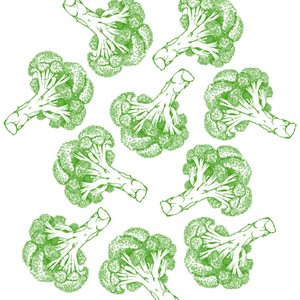 Pattern of green broccoli illustrations on a white background