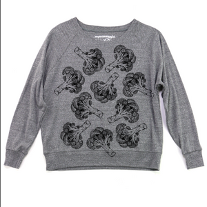 Gray sweatshirt with black broccoli pattern screenprinted on it against a white background.