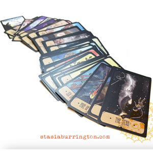 Set of tarot cards with artistic designs on a white background, featuring the brand 'stasia burrington'.