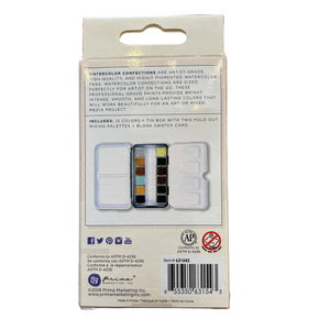 Back of a watercolor paint set packaging against a white background.