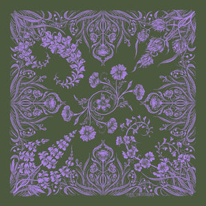 Decorative purple floral and leaf pattern on a green background.