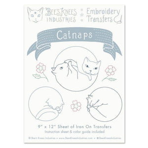 Sheet of iron-on transfers with cat designs and branding for Bees Knees Industries.
