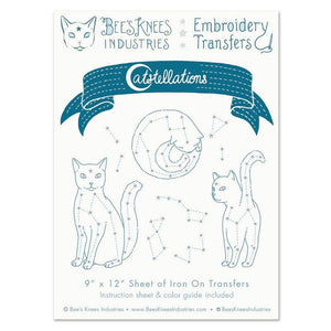 Sheet of cat-themed embroidery transfers with 'Bees Knees Industries' branding on a white background.