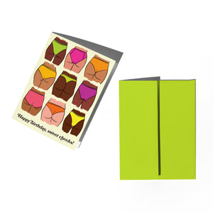 Greeting card with colorful illustrations of underwear and a green envelope on a white background