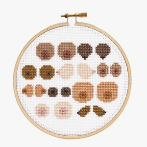 Cross-stitched pattern that includes several different colors and shapes of boobs in an embroidery hoop on a white background.