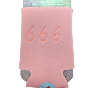 A light pink neoprene can cooler sleeve with orange embroidered numbers '666' on the front, holding a can of soda.
