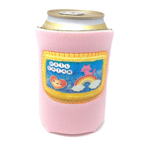 Pink can cooler with colorful design and 'Half Satan' text on a white background