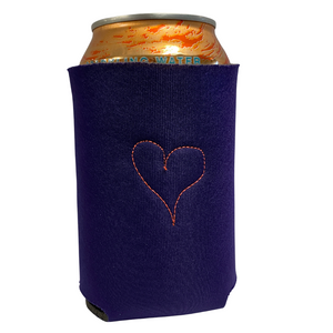 Purple can cooler with an embroidered heart on the back.