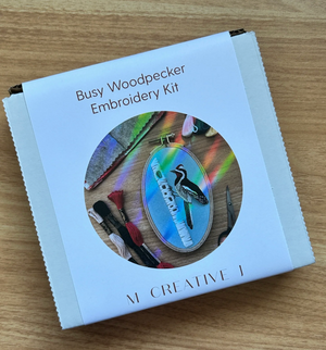 Box for Busy Woodpecker Embroidery Kit by M Creative J.