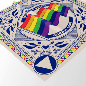 Decorative bandana with rainbow flag, blue triangle, and text on a white background