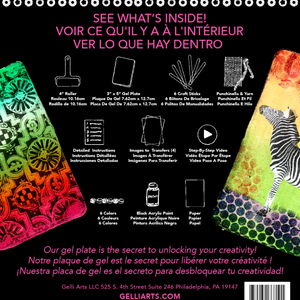 Back cover of a Gelli Arts acrylic gel plate kit, featuring a black background with product contents, dimensions, and instructions in French and English, alongside colorful sample gel plates showing various patterns.