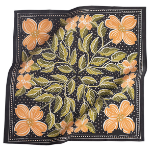 Gray bandana with peach colored flowers and green leaves.