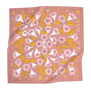 A pink bandana with a pink and yellow floral pattern.