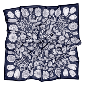 Dark blue bandana with a white floral pattern.