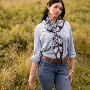 Person wearing a blue button down shirt and jeans modeling a floral patterned bandana against a grassy background.