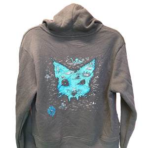 Green hoodie with a cat shaped treasure island map on a mannequin in a store setting.