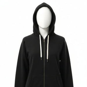 Navy blue hoodie on a mannequin against a white background.