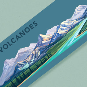 Close up of the cascade volcanoes miniscape sticker against a light blue background