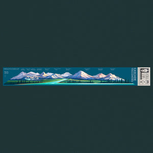 A large infinity sticker of the Cascade Volcanoes on a dark green background