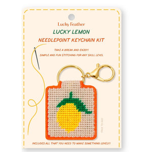 Lucky Feather Lucky Lemon needlepoint keychain kit on a beige card