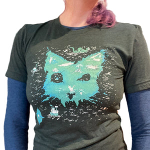 Person wearing a green catographer design tshirt in a store setting.