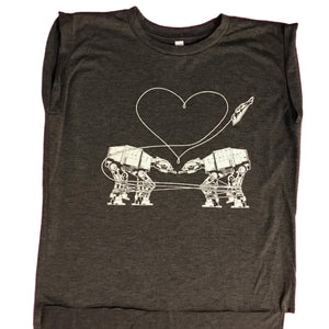 Dark gray t-shirt with a white Love AT-AT First Sight on a white background.