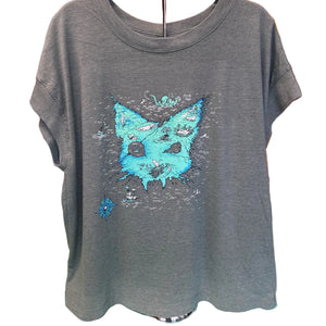 Washed basil t-shirt with a blue catographer graphic. It is a treasure map in the shape of a cat head.