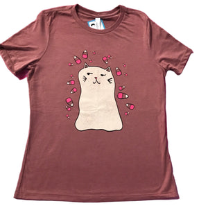 Heather mauve t-shirt with a ghost cat surrounded by candy corn graphic.