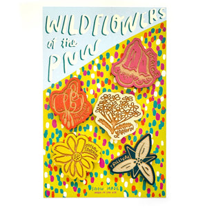 Set of colorful floral magnets on a yellow card with 'Wildflowers of the PNW' text.